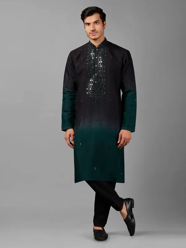 Black and rama blue shaded silk  Men Kurta pajama