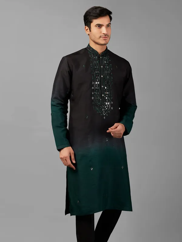 Black and rama blue shaded silk  Men Kurta pajama