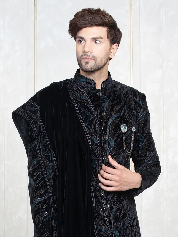 Black and rama blue velvet indowestern