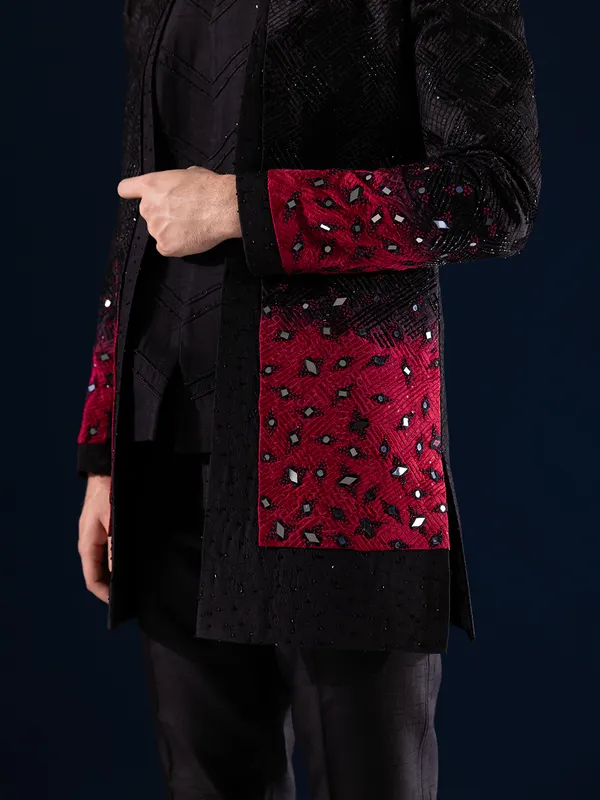 Black and red indowestern in raw silk for men
