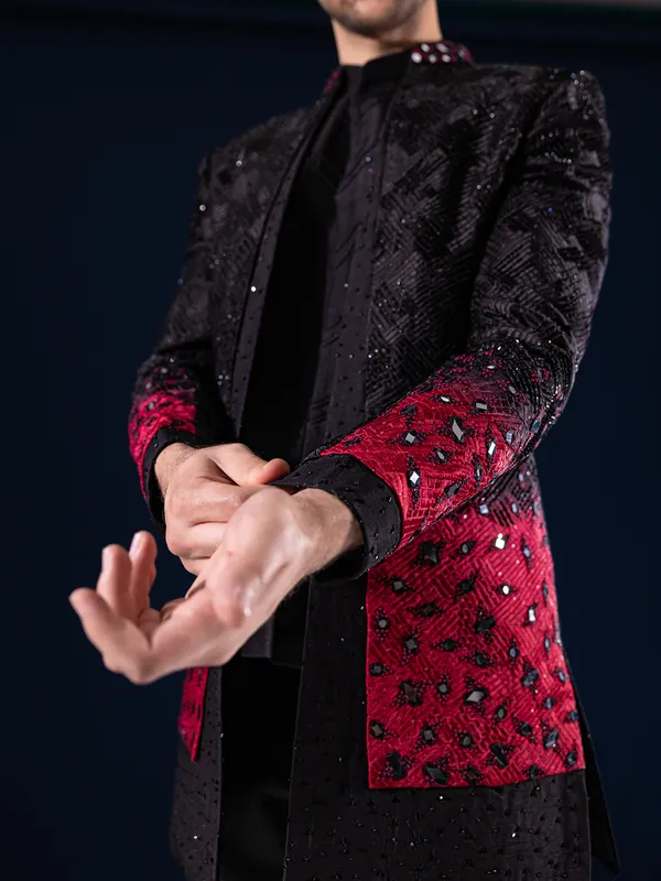 Black and red indowestern in raw silk for men