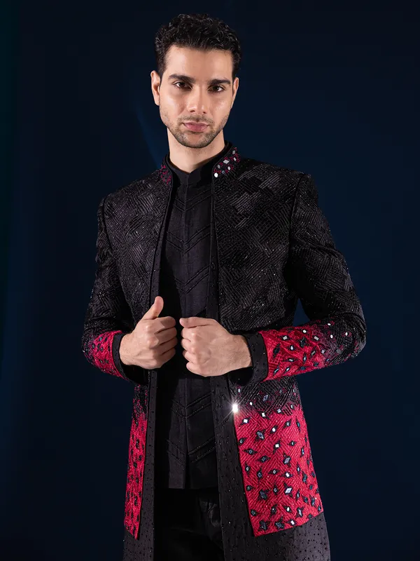 Black and red indowestern in raw silk for men
