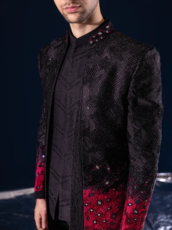 Black and red indowestern in raw silk for men