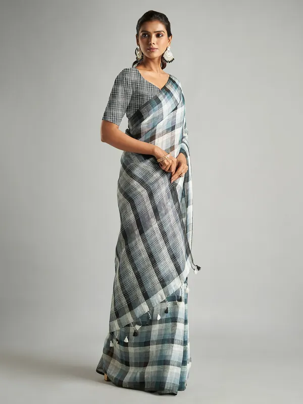 Black and white checks cotton linen saree