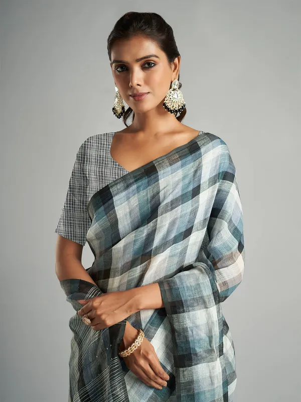 Black and white checks cotton linen saree