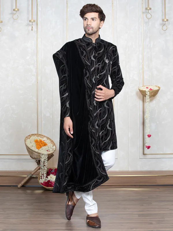 Black and white embroidery indowestern