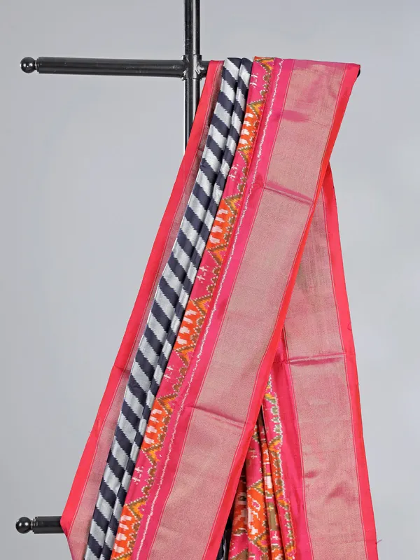 Black and white patola silk printed saree