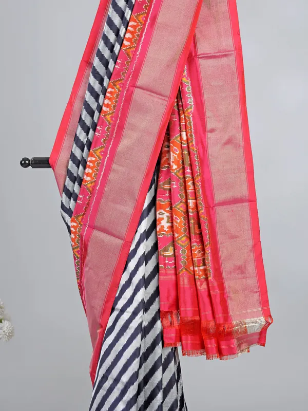 Black and white patola silk printed saree