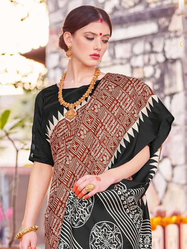 Black and white printed bhagalpuri silk saree
