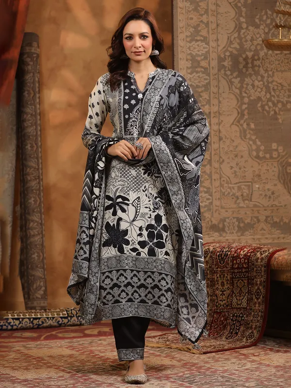 Black and white printed cotton silk kurti set