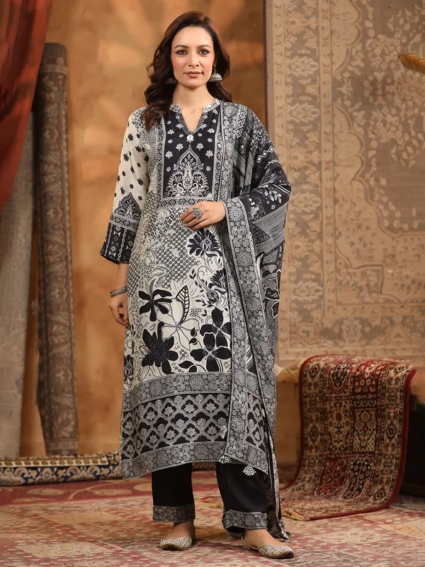 Black and white printed cotton silk kurti set