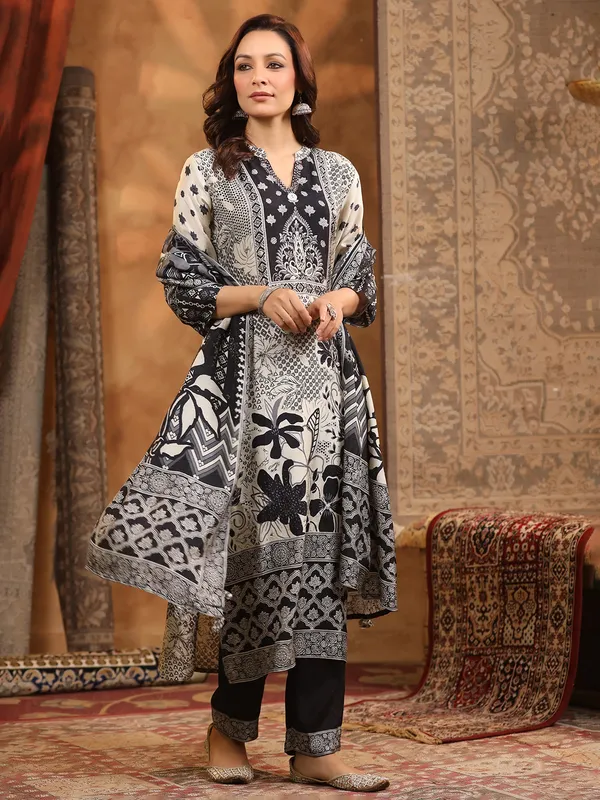 Black and white printed cotton silk kurti set
