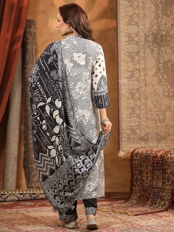 Black and white printed cotton silk kurti set
