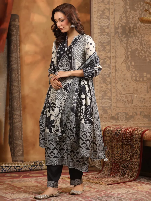 Black and white printed cotton silk kurti set