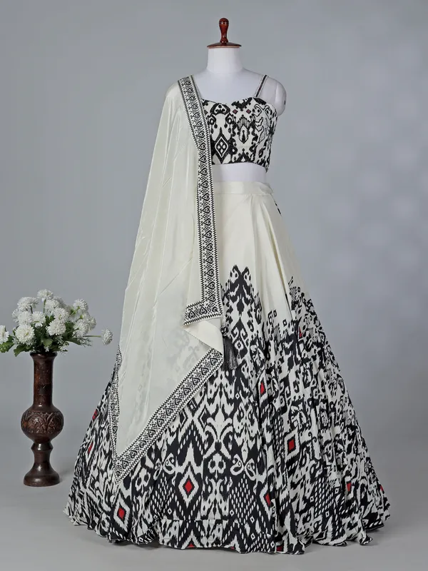 Black and white printed crepe silk lehenga choli