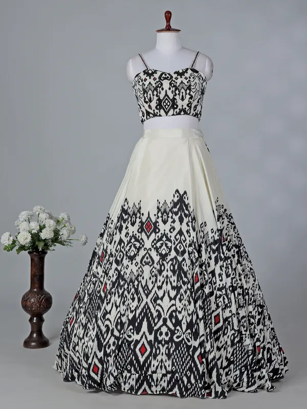 Black and white printed crepe silk lehenga choli
