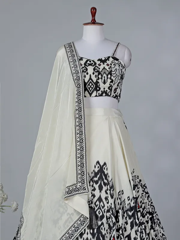 Black and white printed crepe silk lehenga choli