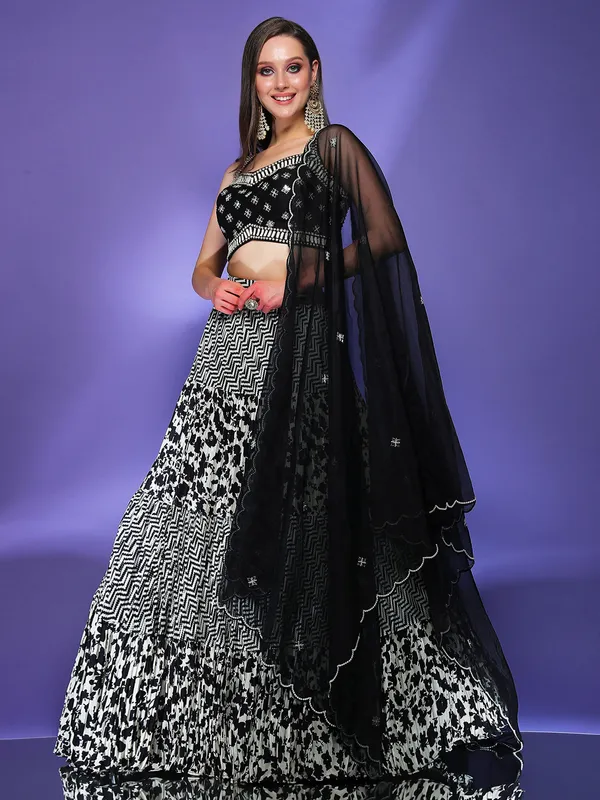 Black and white printed georgette lehenga choli