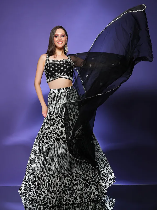 Black and white printed georgette lehenga choli