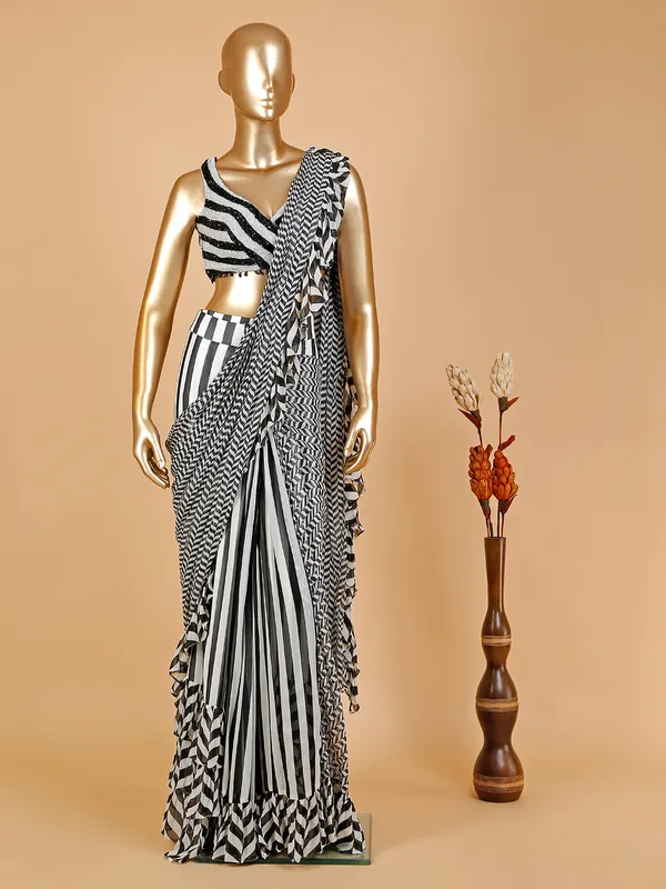 Black and white printed ready to wear saree