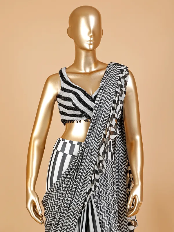 Black and white printed ready to wear saree