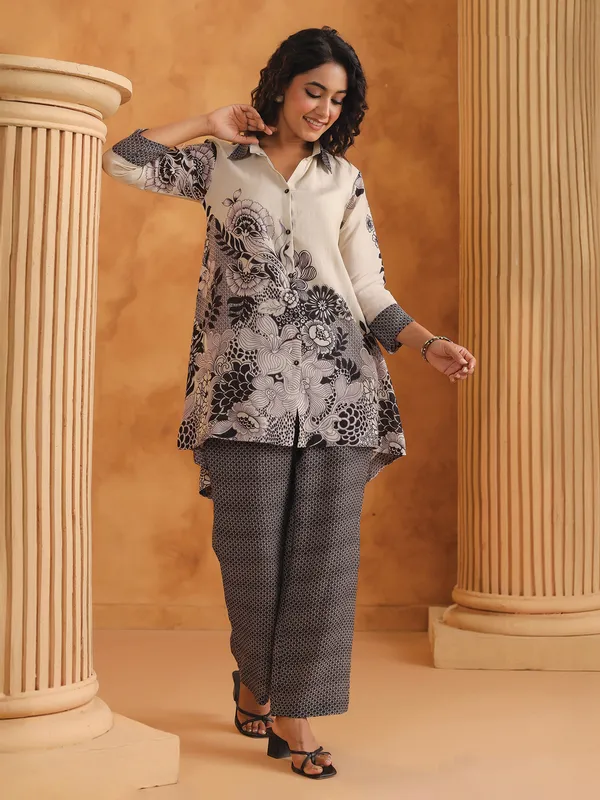 black and white printed silk palazzo co ord set