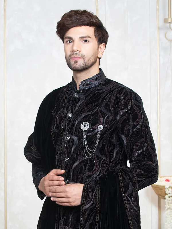 Black and wine embroidery indowestern