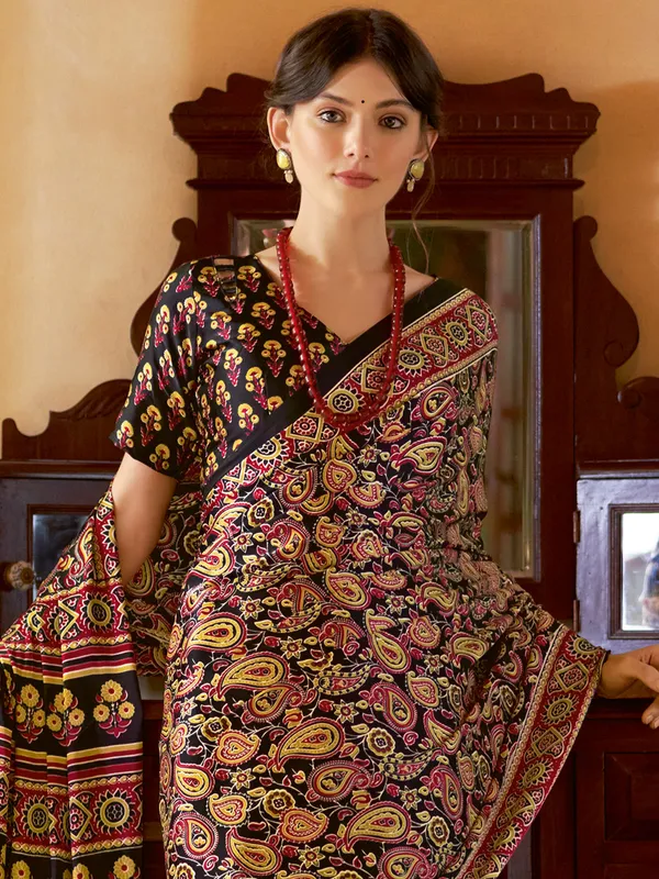 Black and yellow printed japan silk saree