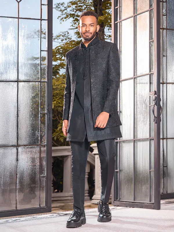 Black art silk cutdana embroidered indo western jacket