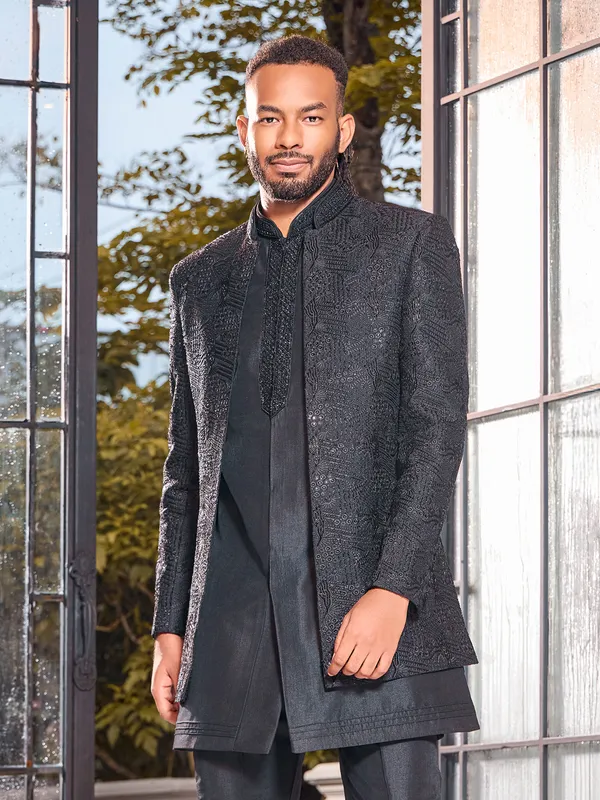 Black art silk cutdana embroidered indo western jacket