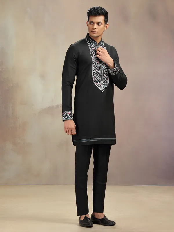 Black banarasi silk embroidery worked kurta pajama