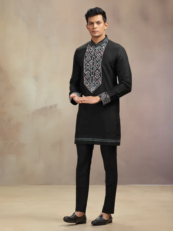 Black banarasi silk embroidery worked kurta pajama