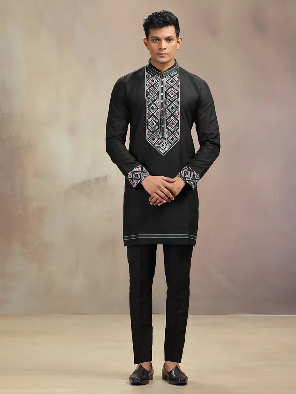 Black banarasi silk embroidery worked kurta pajama