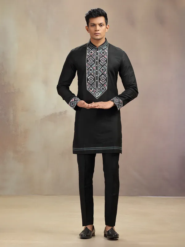 Black banarasi silk embroidery worked kurta pajama