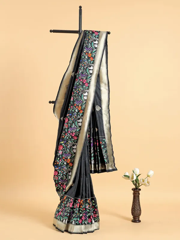 Black banarasi silk floral motif saree