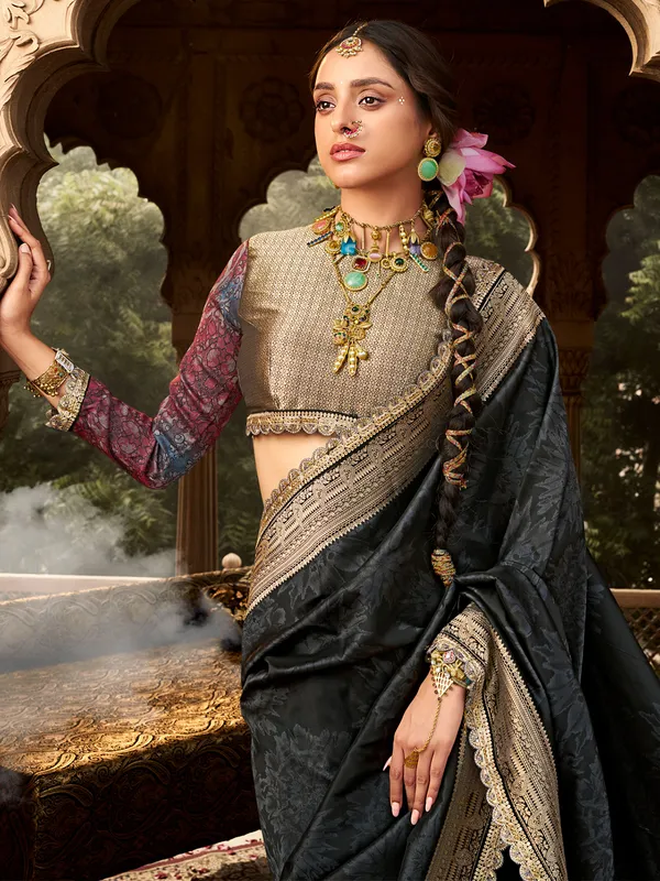 Black banarasi silk saree with attractive border