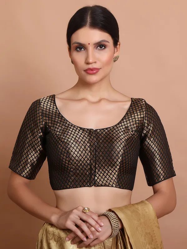 Black brocade blouse with half sleeves and zari work