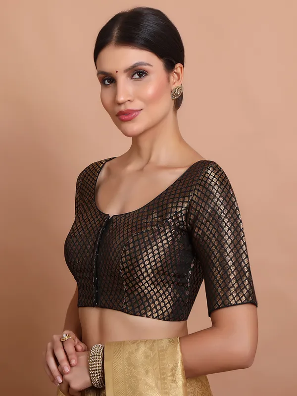 Black brocade blouse with half sleeves and zari work