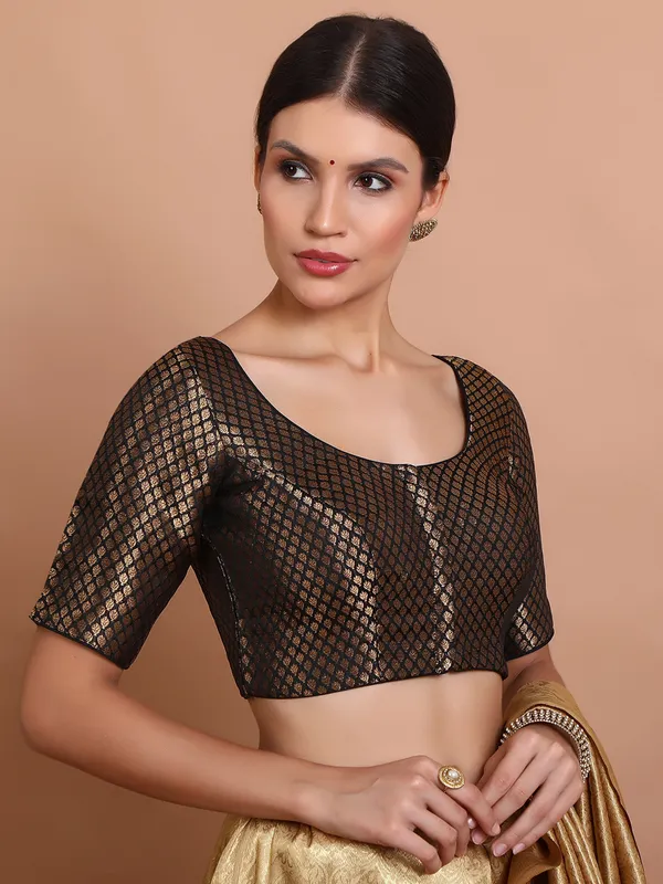Black brocade blouse with half sleeves and zari work