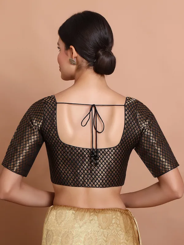 Black brocade blouse with half sleeves and zari work