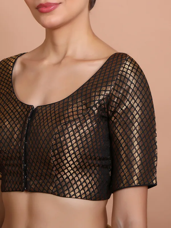 Black brocade blouse with half sleeves and zari work