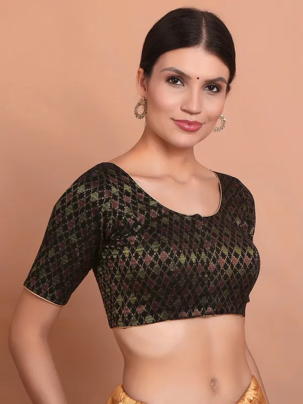 Black brocade round neck ready made blouse