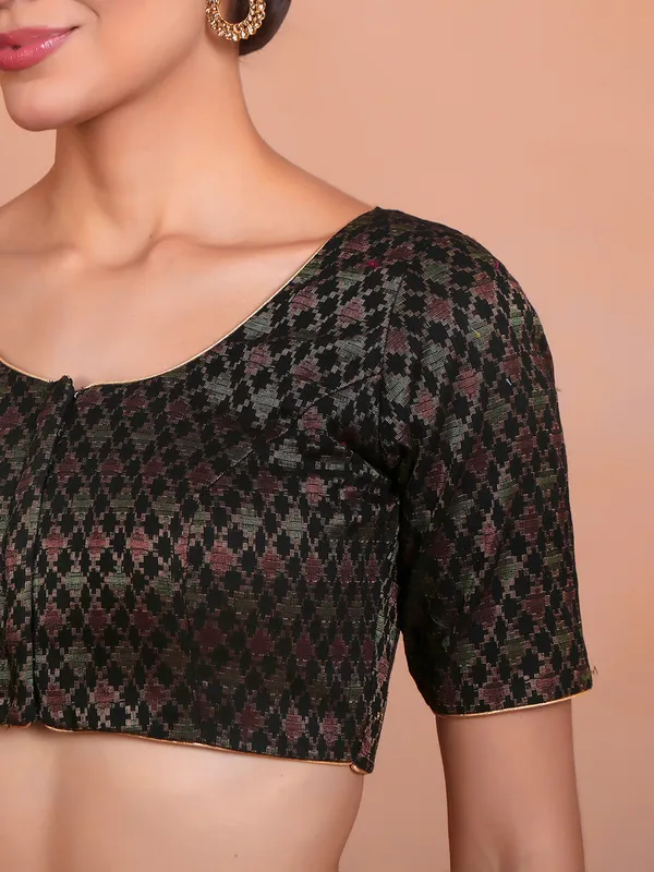 Black brocade round neck ready made blouse