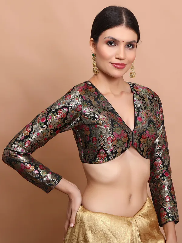 Black brocade V neck ready made blouse for women