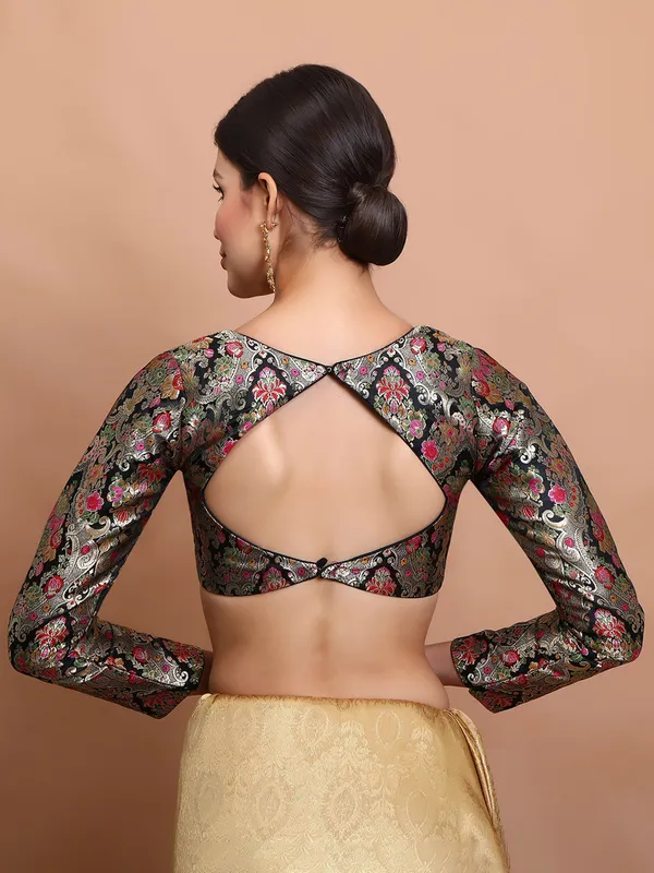 Black brocade V neck ready made blouse for women