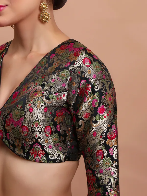 Black brocade V neck ready made blouse for women