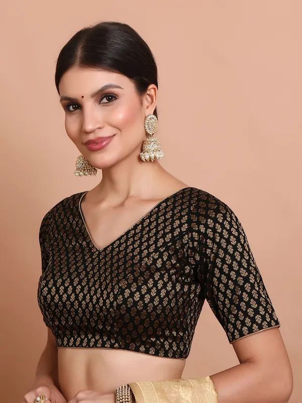 Black brocade V neck ready made blouse with zari work