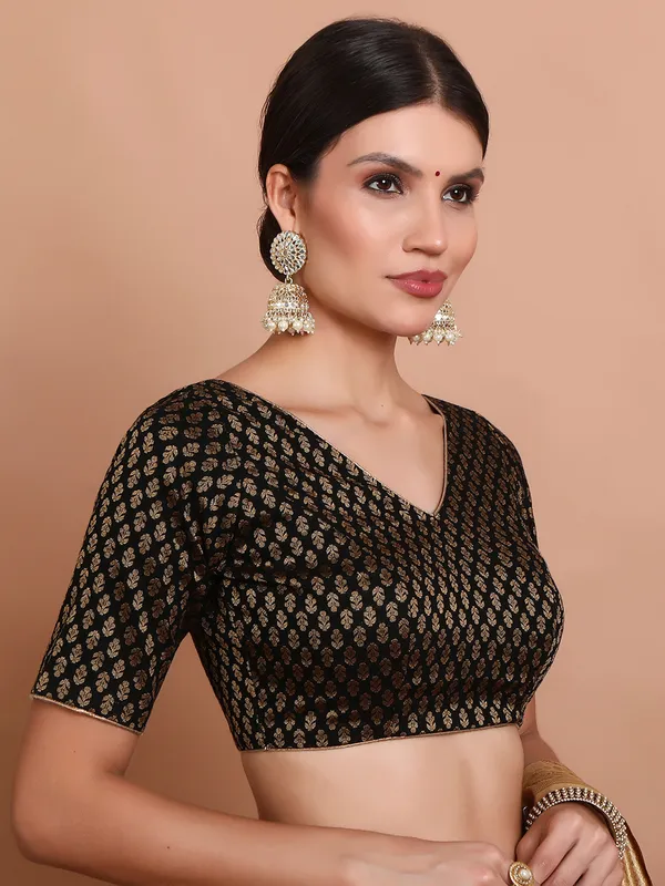 Black brocade V neck ready made blouse with zari work