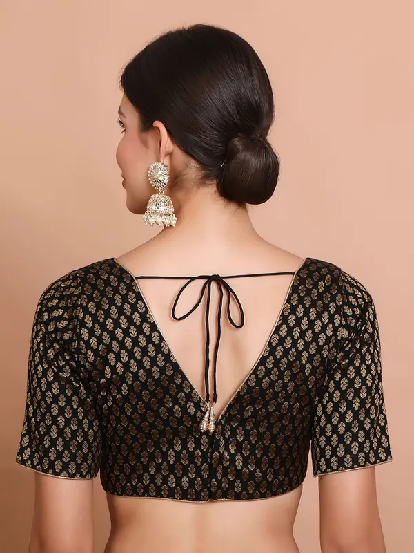 Black brocade V neck ready made blouse with zari work