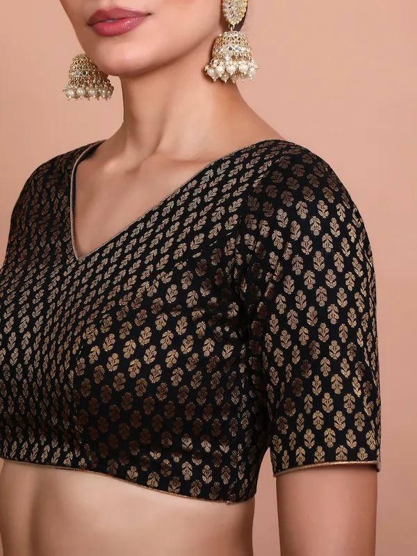 Black brocade V neck ready made blouse with zari work
